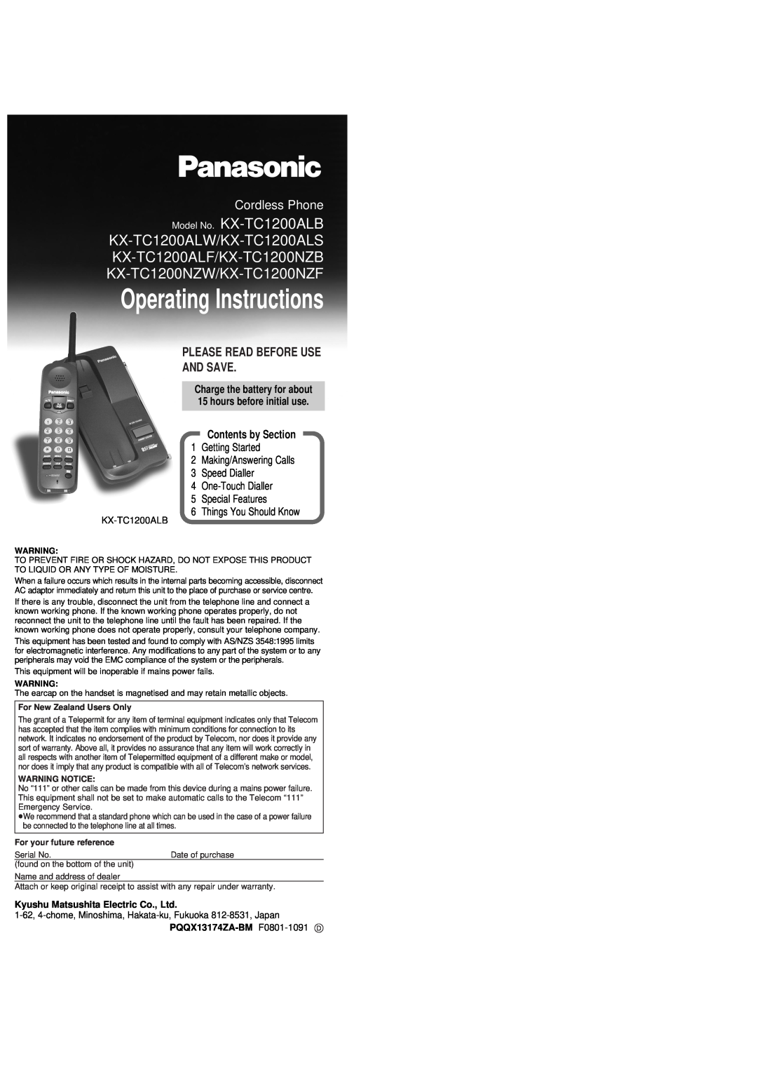 Panasonic KX-TC1200NZW warranty Please Read Before Use And Save, PQQX13174ZA-BM F0801-1091 D, Operating Instructions 