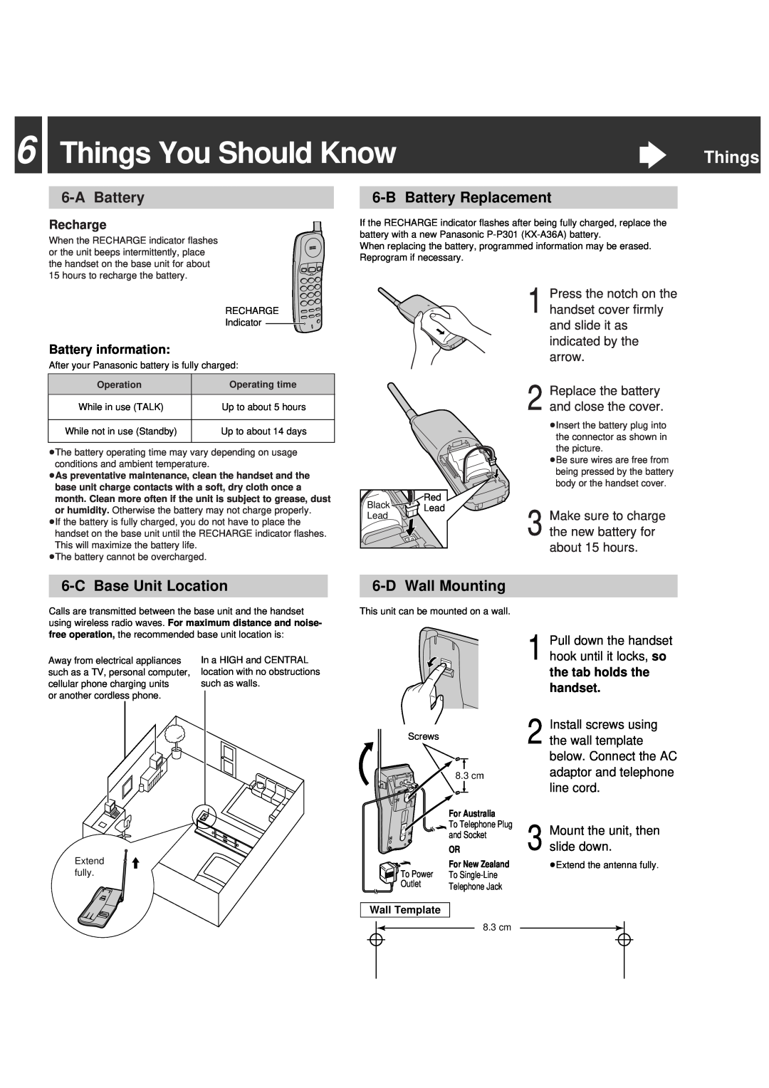 Panasonic KX-TC1200ALF Things You Should Know, Ò Things, A Battery, B Battery Replacement, C Base Unit Location, Recharge 