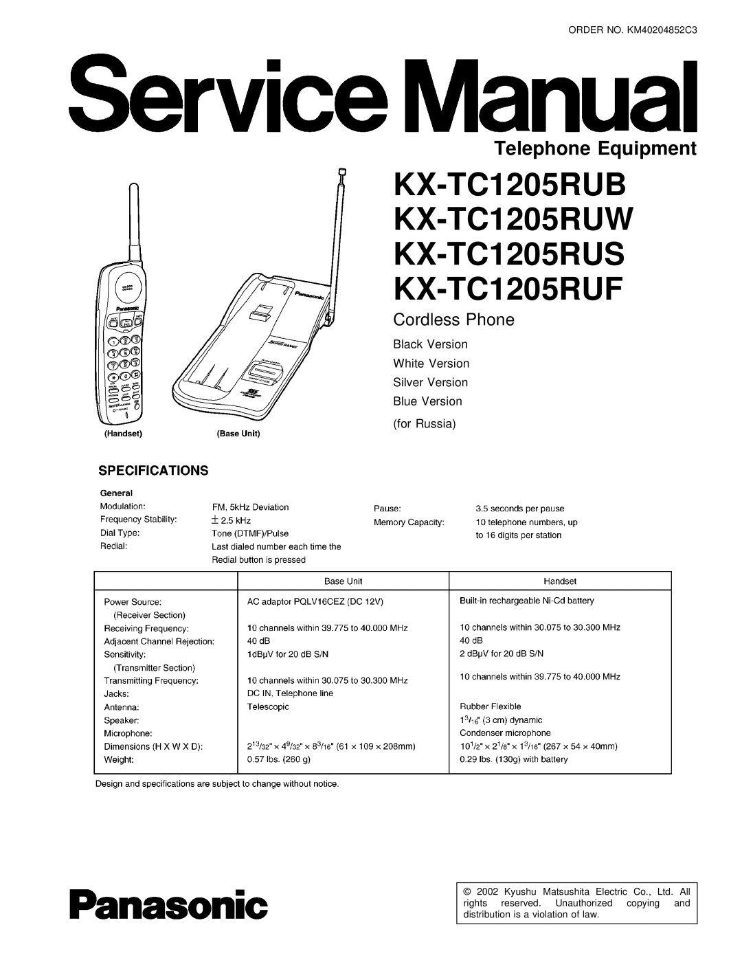 Panasonic manual KX-TC1205RUB KX-TC1205RUW KX-TC1205RUS KX-TC1205RUF 