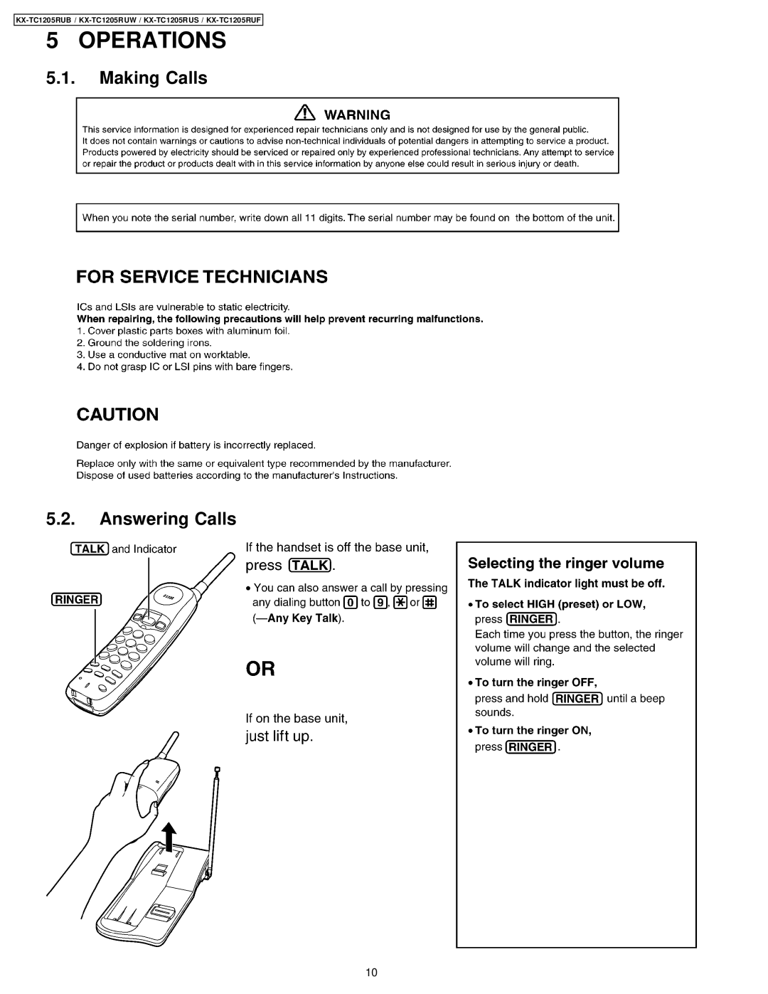 Panasonic KX-TC1205RUS, KX-TC1205RUW, KX-TC1205RUB, KX-TC1205RUF manual Operations, Making Calls Answering Calls 