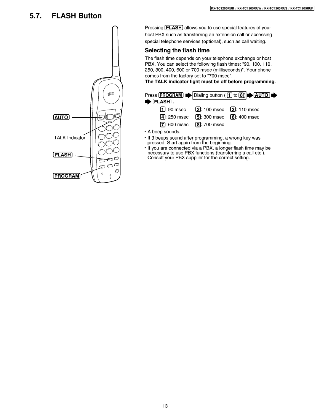 Panasonic KX-TC1205RUB, KX-TC1205RUW, KX-TC1205RUS, KX-TC1205RUF manual Flash Button 