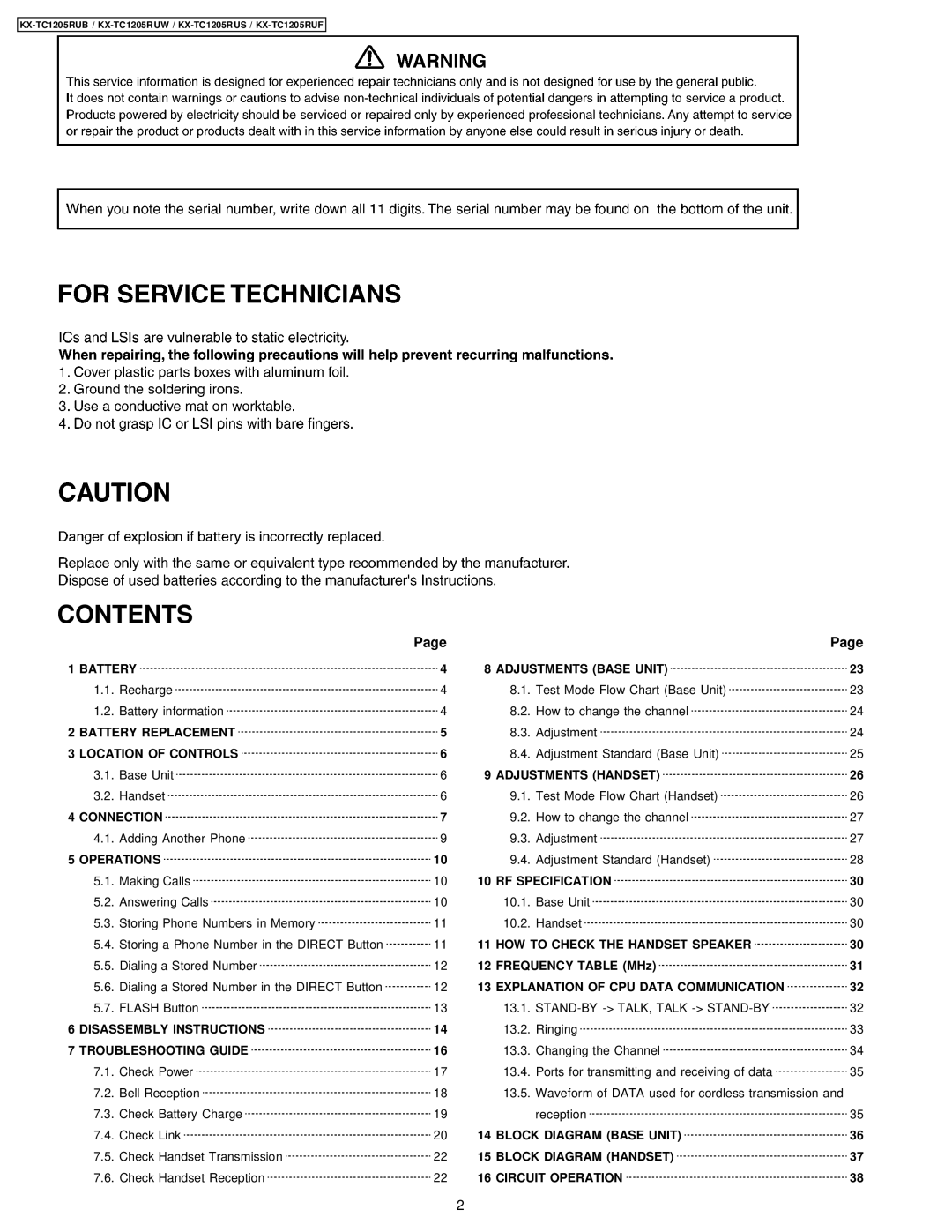 Panasonic KX-TC1205RUS, KX-TC1205RUW, KX-TC1205RUB, KX-TC1205RUF manual Contents 