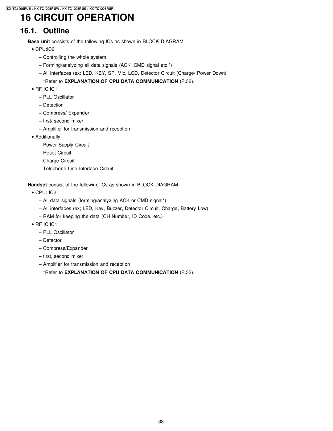 Panasonic KX-TC1205RUS, KX-TC1205RUW, KX-TC1205RUB, KX-TC1205RUF manual Circuit Operation, Outline 