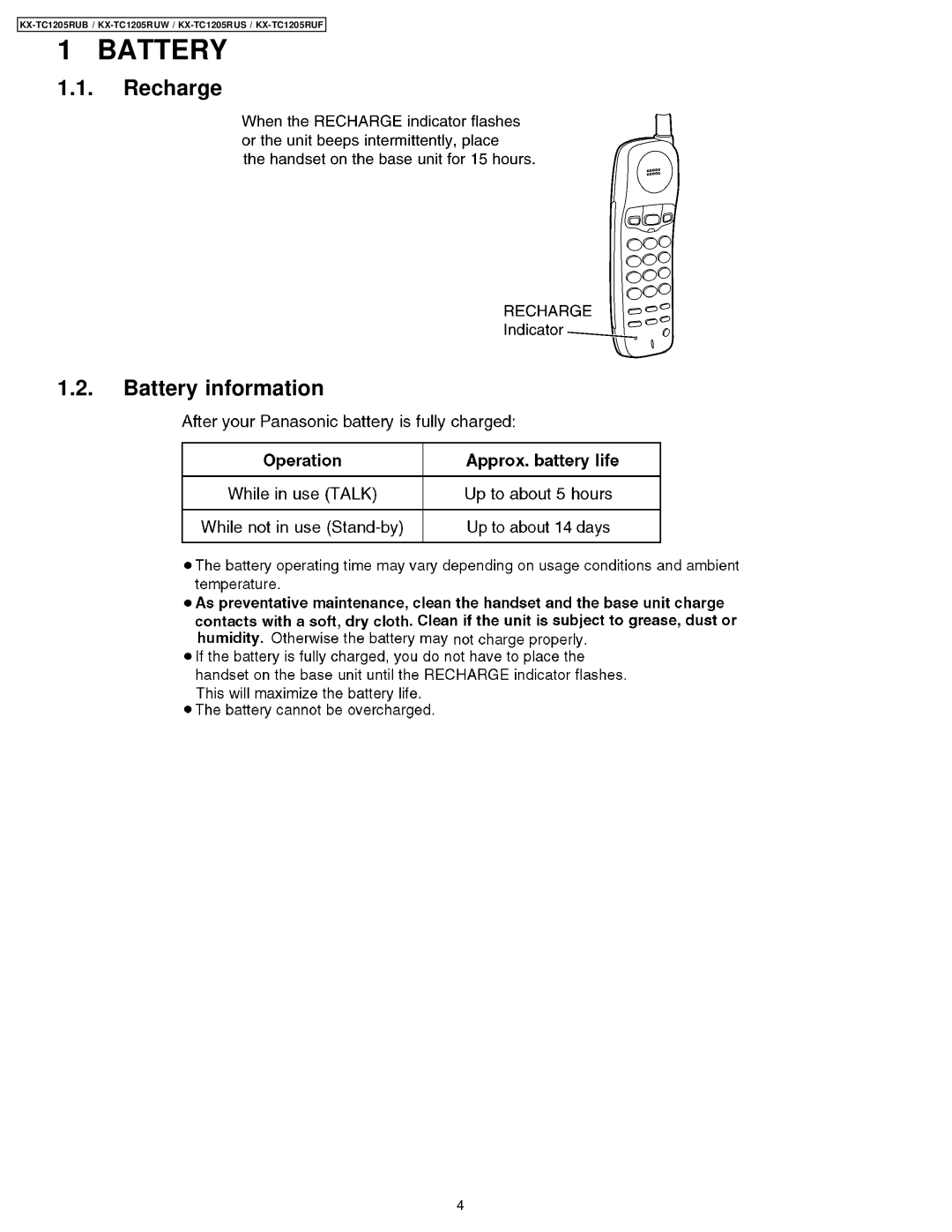 Panasonic KX-TC1205RUW, KX-TC1205RUB, KX-TC1205RUS, KX-TC1205RUF manual Recharge Battery information 