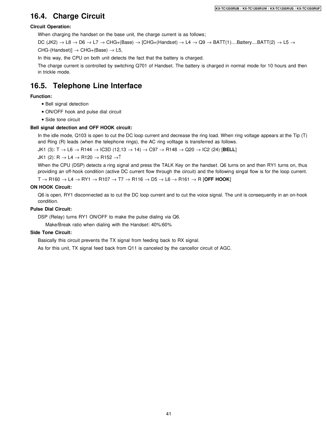 Panasonic KX-TC1205RUB, KX-TC1205RUW, KX-TC1205RUS, KX-TC1205RUF manual Charge Circuit, Telephone Line Interface 