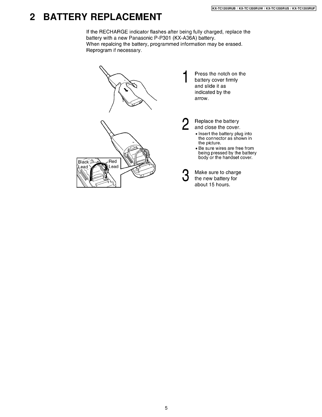 Panasonic KX-TC1205RUB, KX-TC1205RUW, KX-TC1205RUS, KX-TC1205RUF manual Battery Replacement 