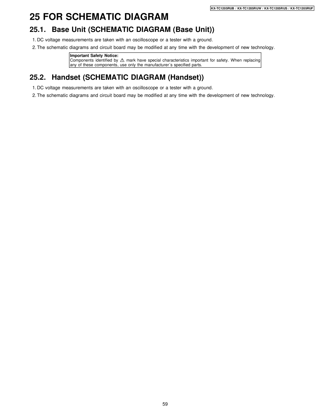 Panasonic KX-TC1205RUF For Schematic Diagram, Base Unit Schematic Diagram Base Unit, Handset Schematic Diagram Handset 