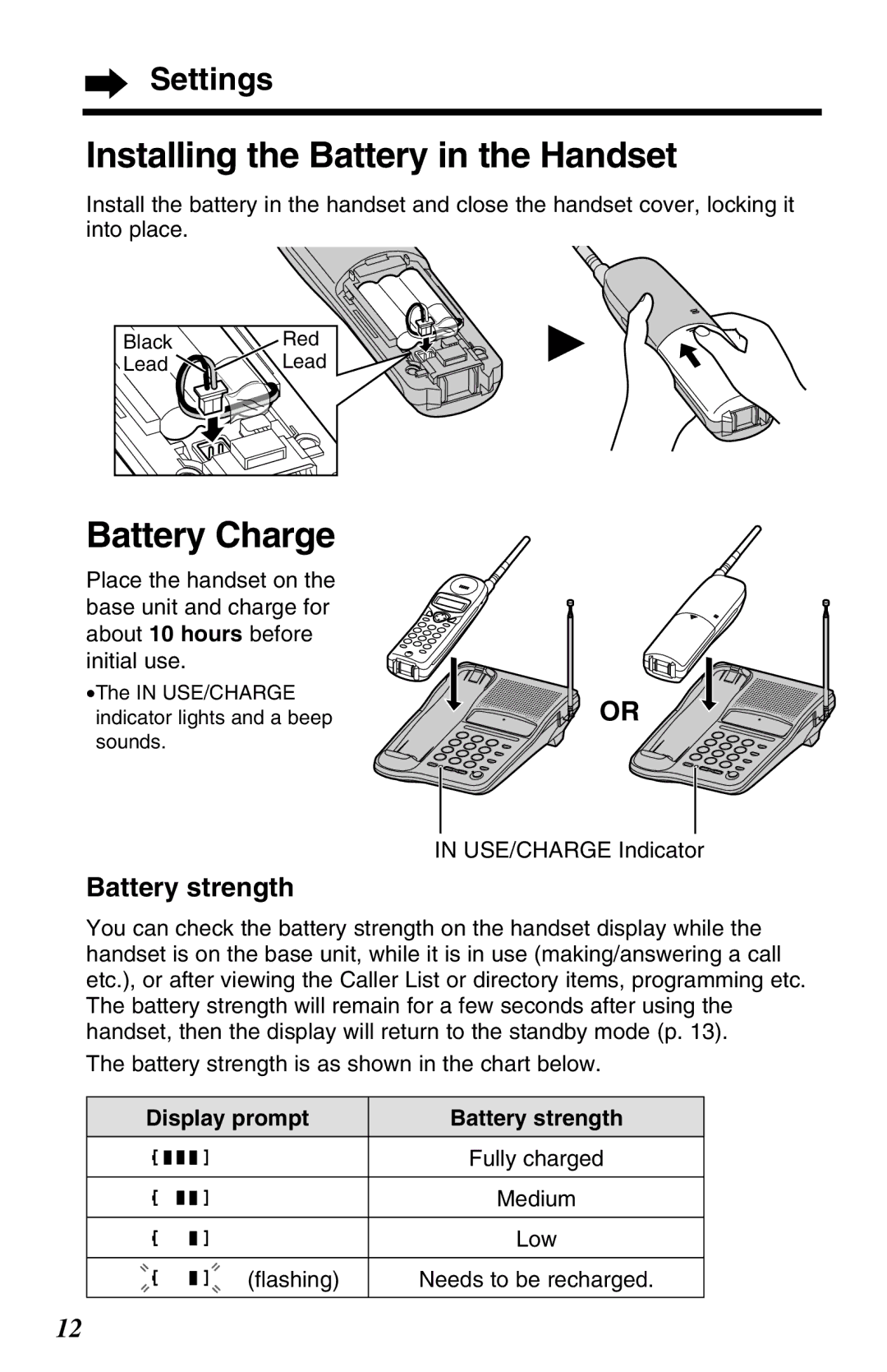 Panasonic KX-TC1220ALW Installing the Battery in the Handset, Settings, Display prompt Battery strength 