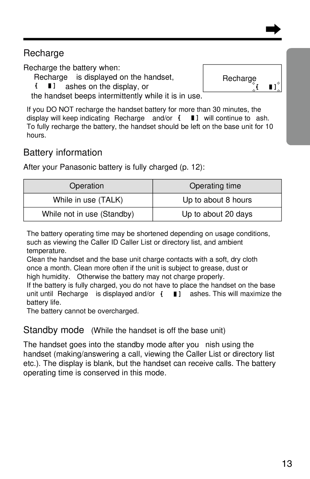 Panasonic KX-TC1220ALW Recharge, Battery information, After your Panasonic battery is fully charged p 