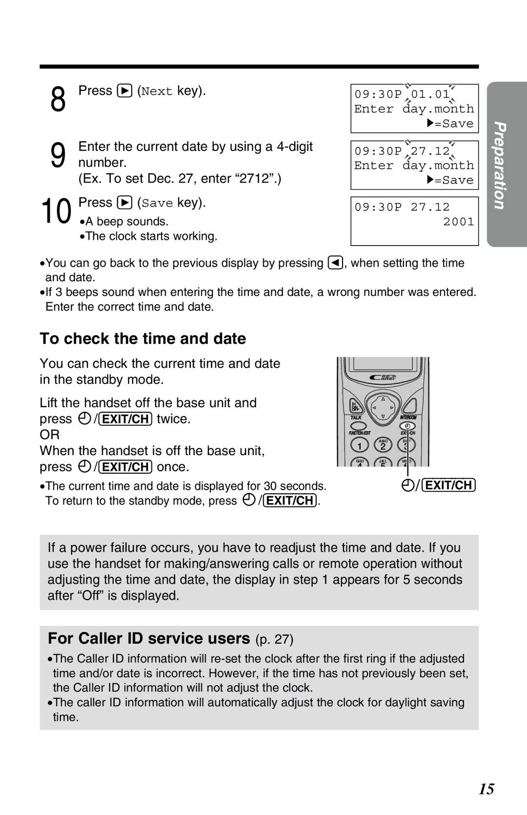 Panasonic KX-TC1220ALW operating instructions To check the time and date, For Caller ID service users p 