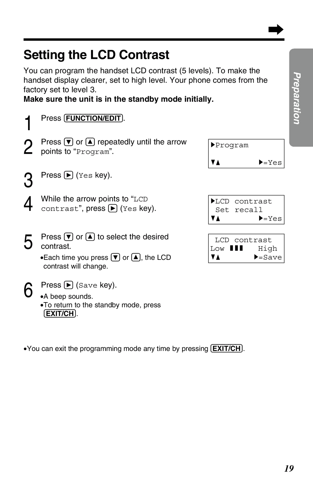 Panasonic KX-TC1220ALW Setting the LCD Contrast, While the arrow points to LCD, Contrast, press á Yes key 