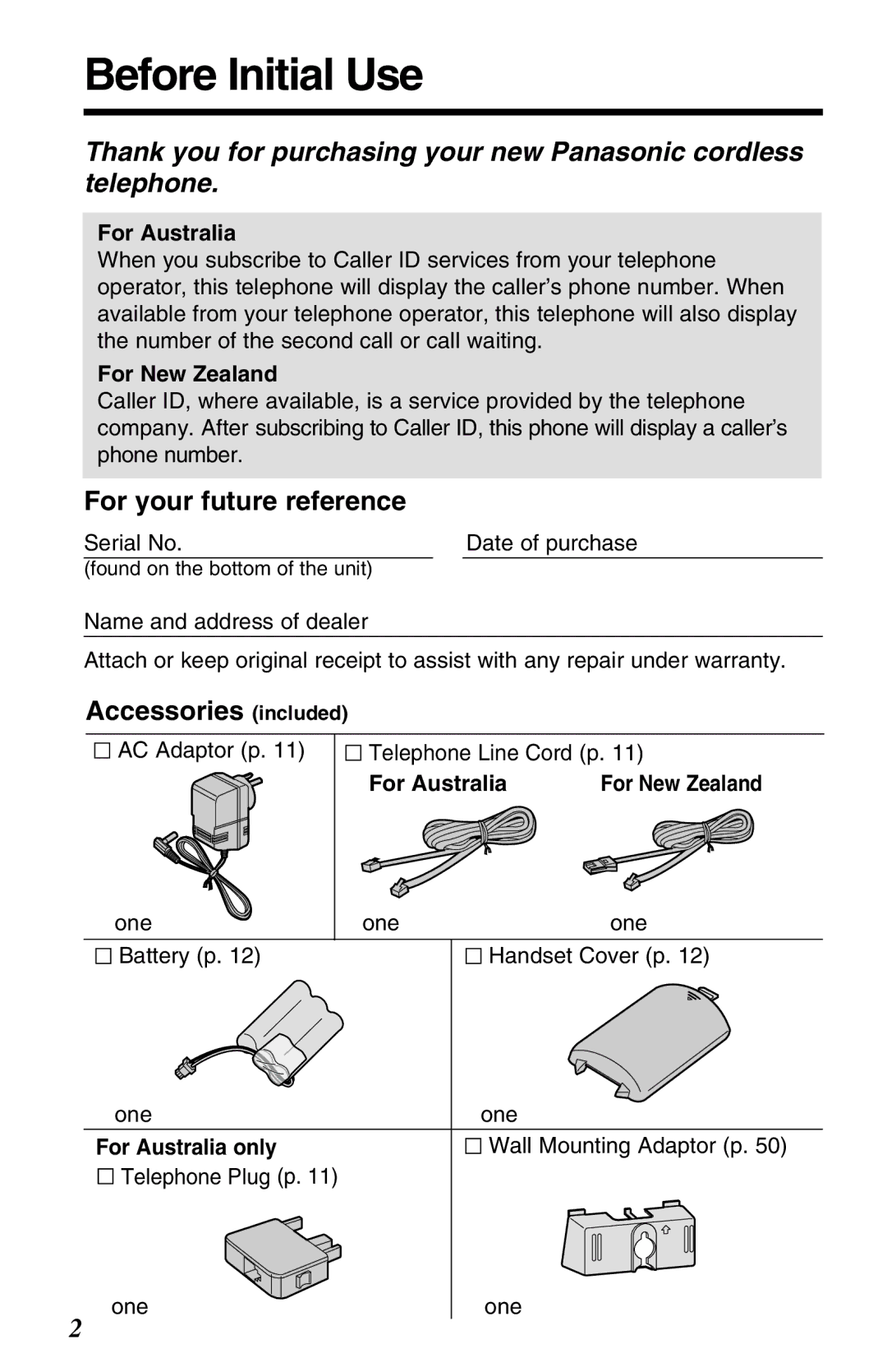 Panasonic KX-TC1220ALW operating instructions Before Initial Use, For your future reference, Accessories included 