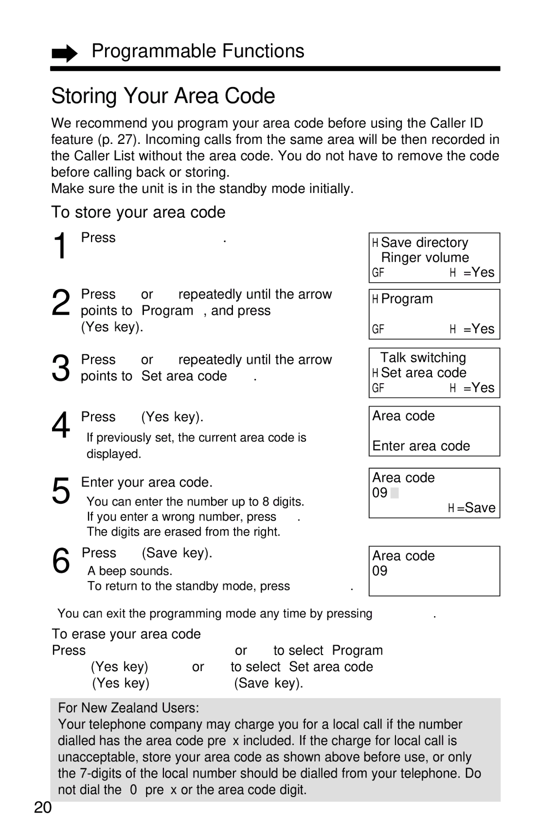 Panasonic KX-TC1220ALW Storing Your Area Code, To store your area code, To erase your area code, For New Zealand Users 