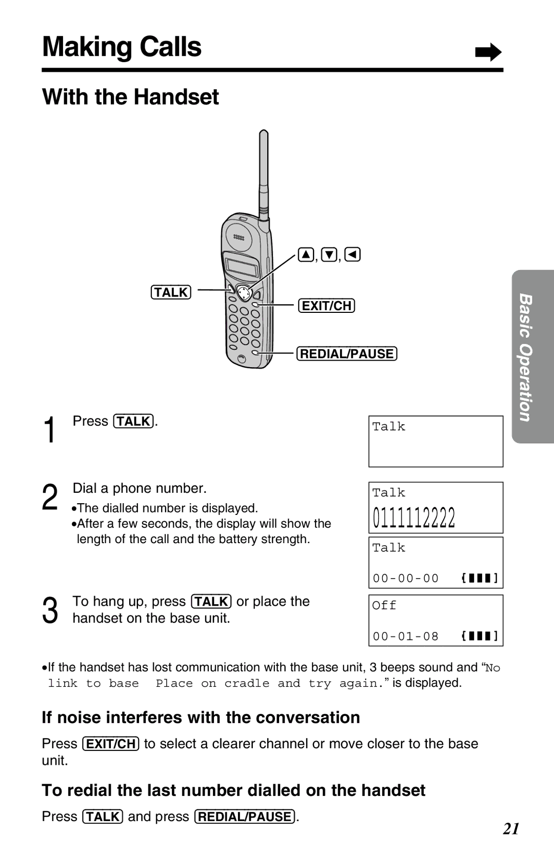 Panasonic KX-TC1220ALW operating instructions Making Calls, With the Handset, If noise interferes with the conversation 