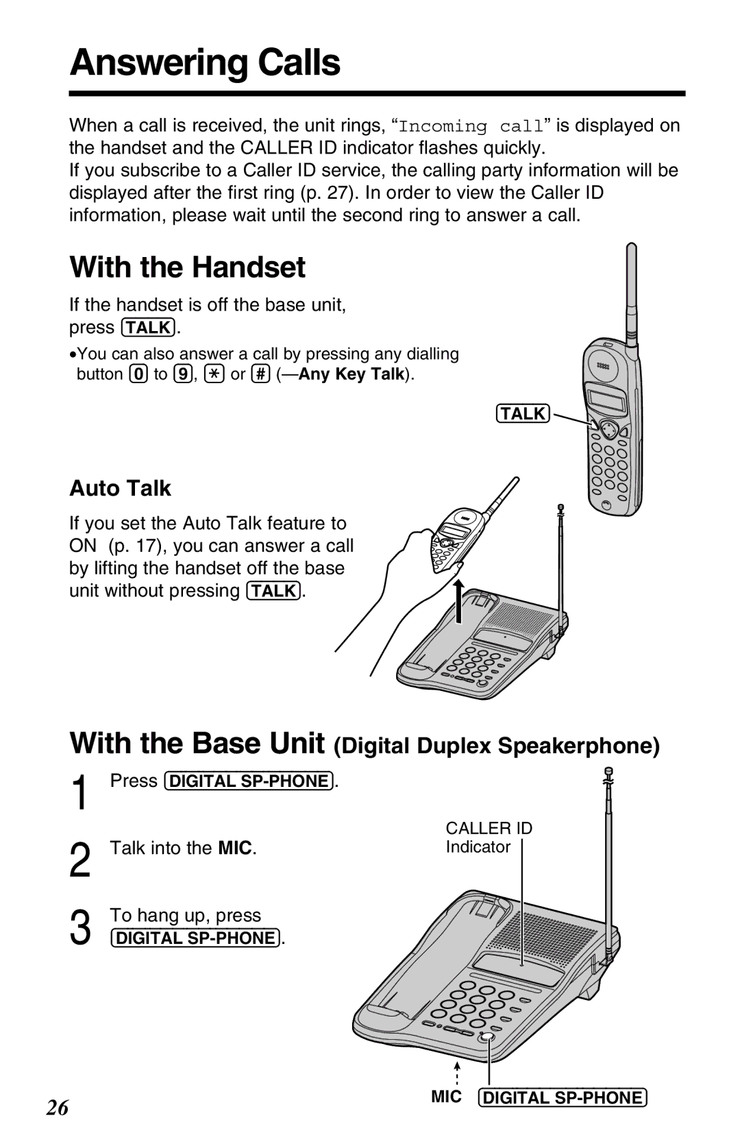 Panasonic KX-TC1220ALW Answering Calls, Auto Talk, If the handset is off the base unit, press Talk, Talk into the MIC 