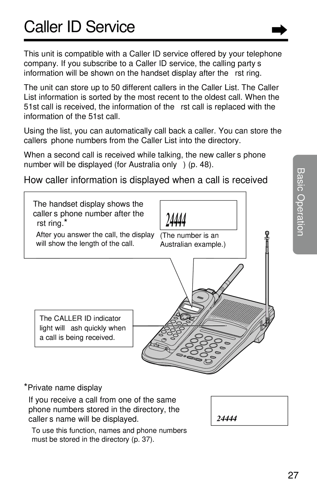 Panasonic KX-TC1220ALW Caller ID Service, How caller information is displayed when a call is received, ﬁrst ring 