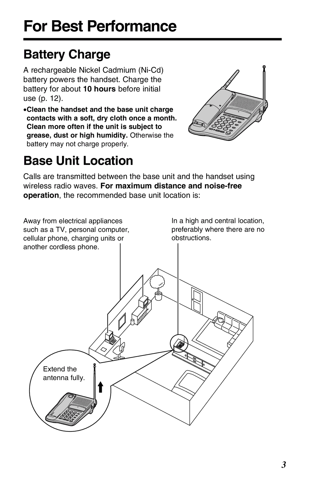 Panasonic KX-TC1220ALW operating instructions For Best Performance, Battery Charge, Base Unit Location 