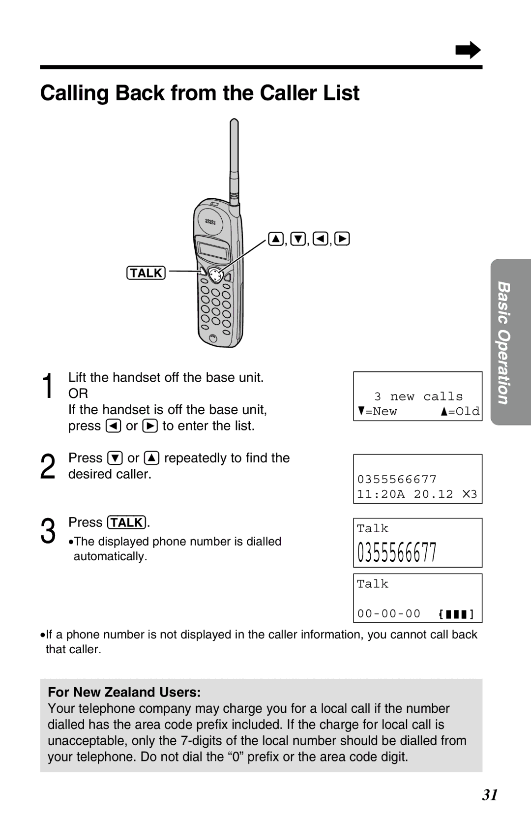 Panasonic KX-TC1220ALW operating instructions Calling Back from the Caller List, Lift the handset off the base unit 