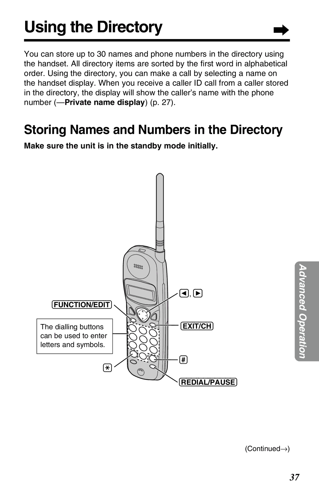 Panasonic KX-TC1220ALW operating instructions Using the Directory, Storing Names and Numbers in the Directory 