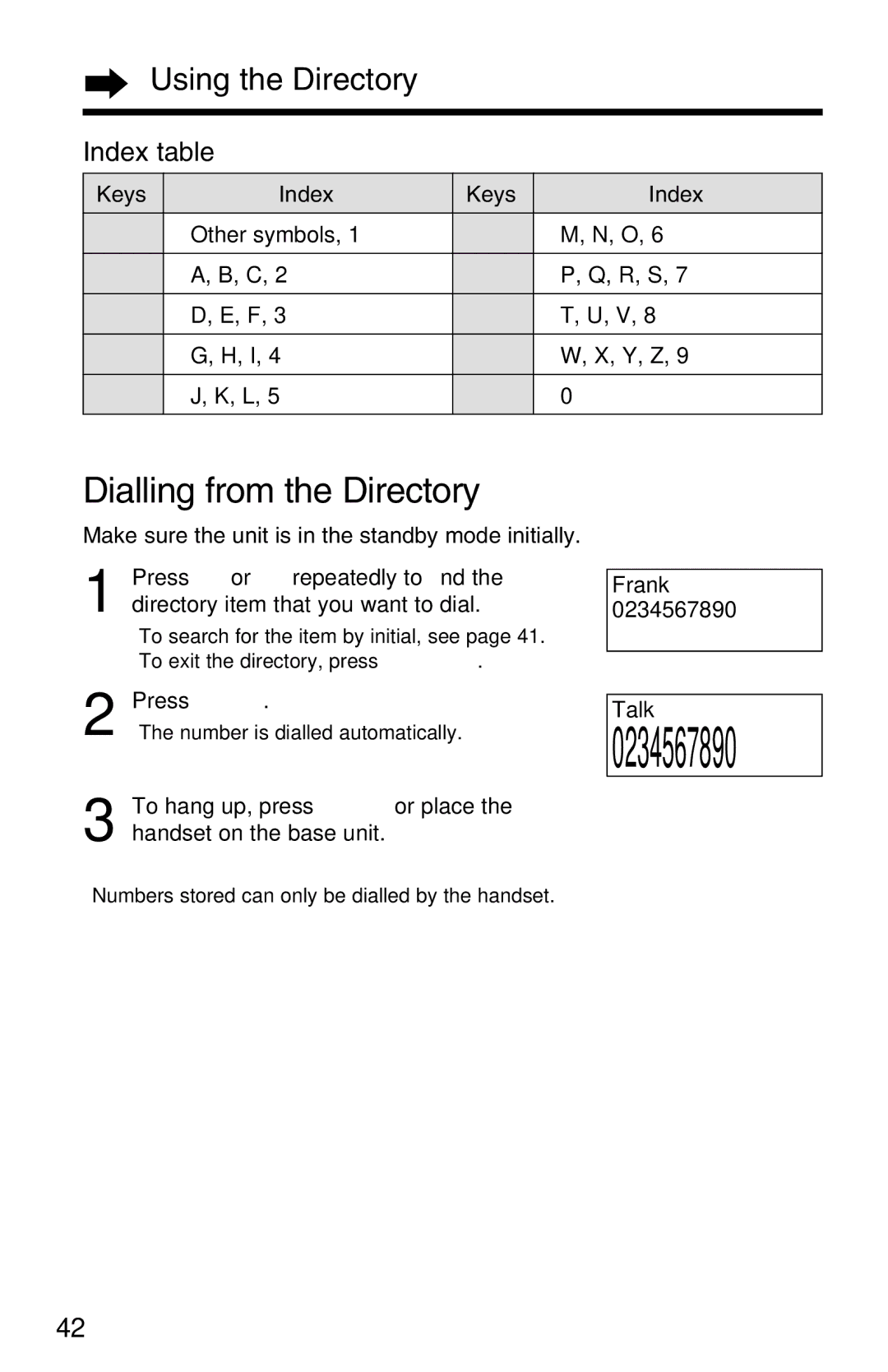 Panasonic KX-TC1220ALW operating instructions Dialling from the Directory, Index table, Keys Index 