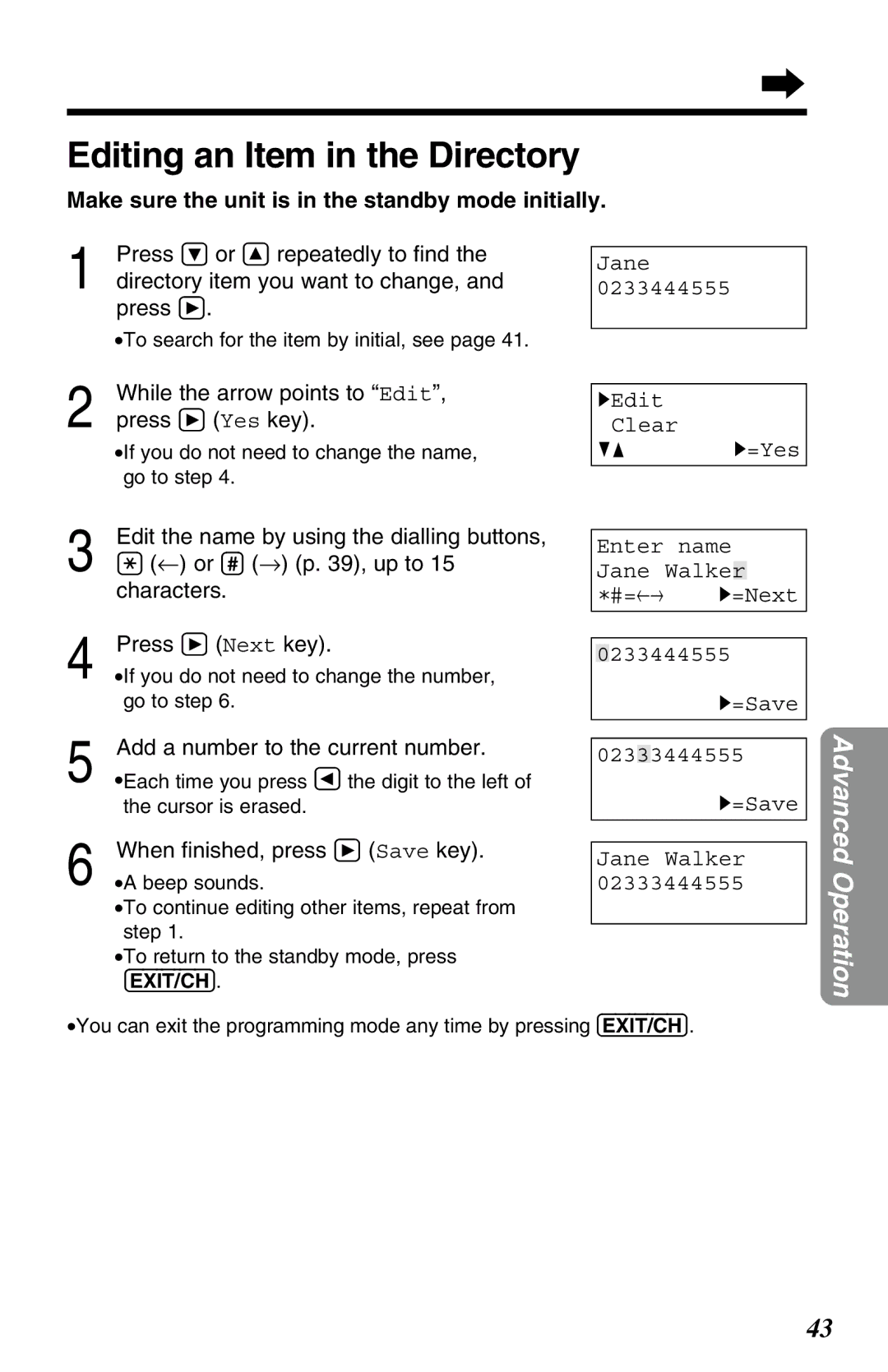 Panasonic KX-TC1220ALW operating instructions Editing an Item in the Directory 