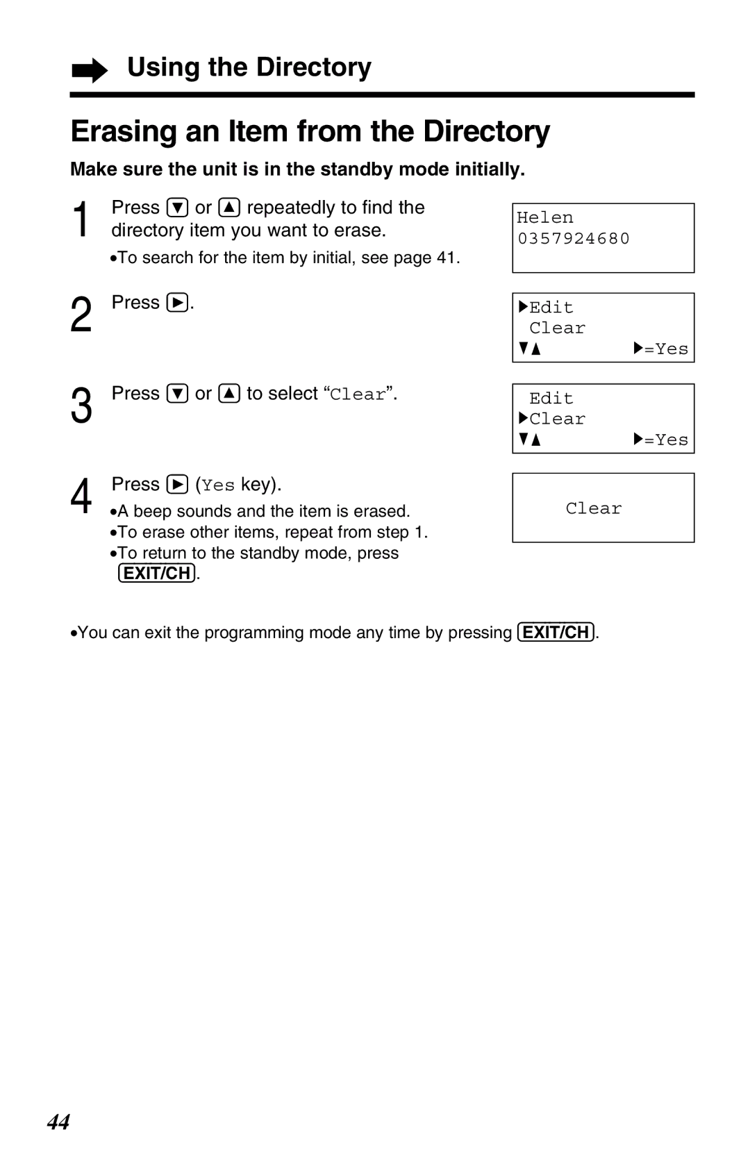 Panasonic KX-TC1220ALW Erasing an Item from the Directory, Directory item you want to erase, Press Ö or Ñ to select Clear 