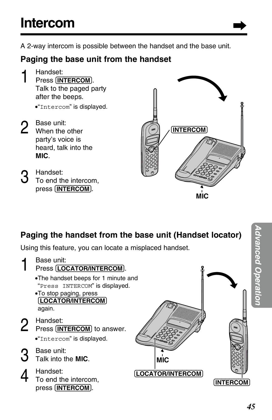 Panasonic KX-TC1220ALW operating instructions Paging the base unit from the handset, Handset Press Intercom to answer 