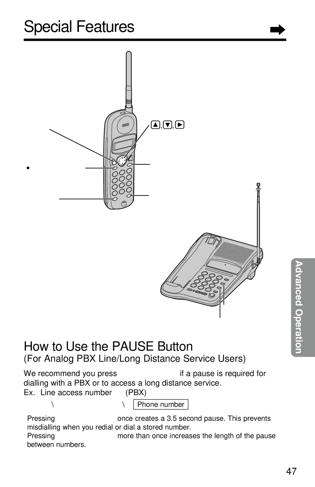 Panasonic KX-TC1220ALW Special Features, How to Use the Pause Button, For Analog PBX Line/Long Distance Service Users 