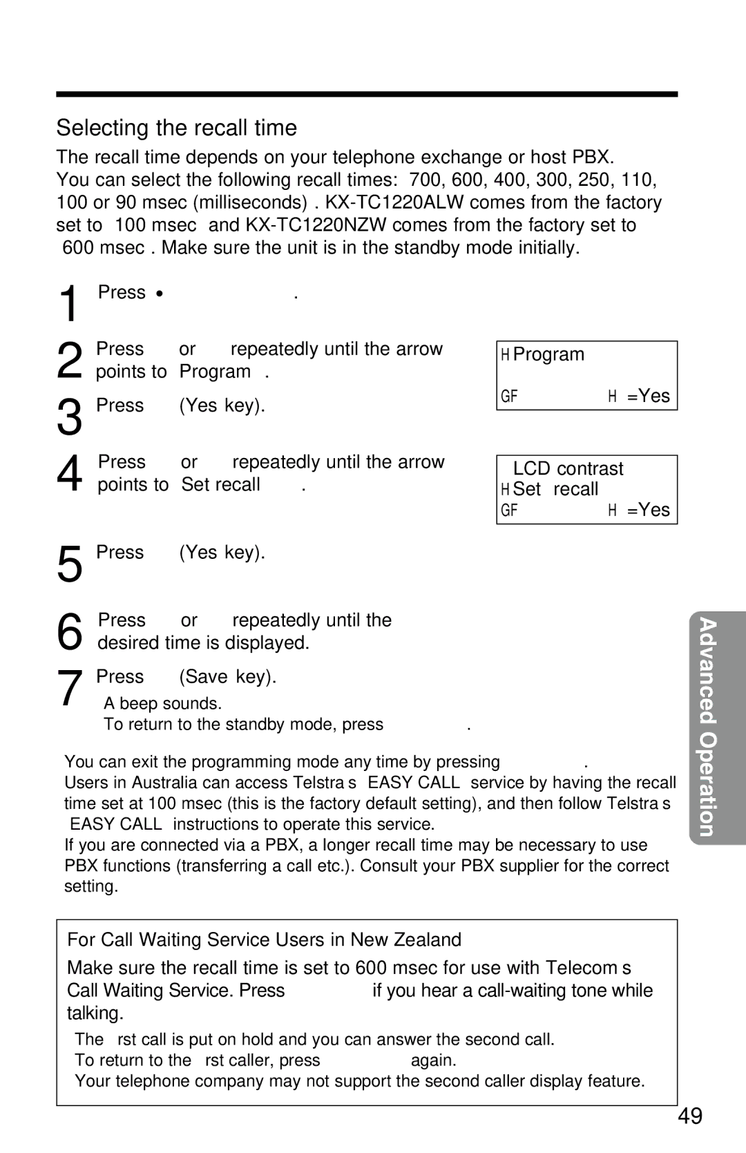 Panasonic KX-TC1220ALW operating instructions Selecting the recall time, Points to Set recall, Desired time is displayed 