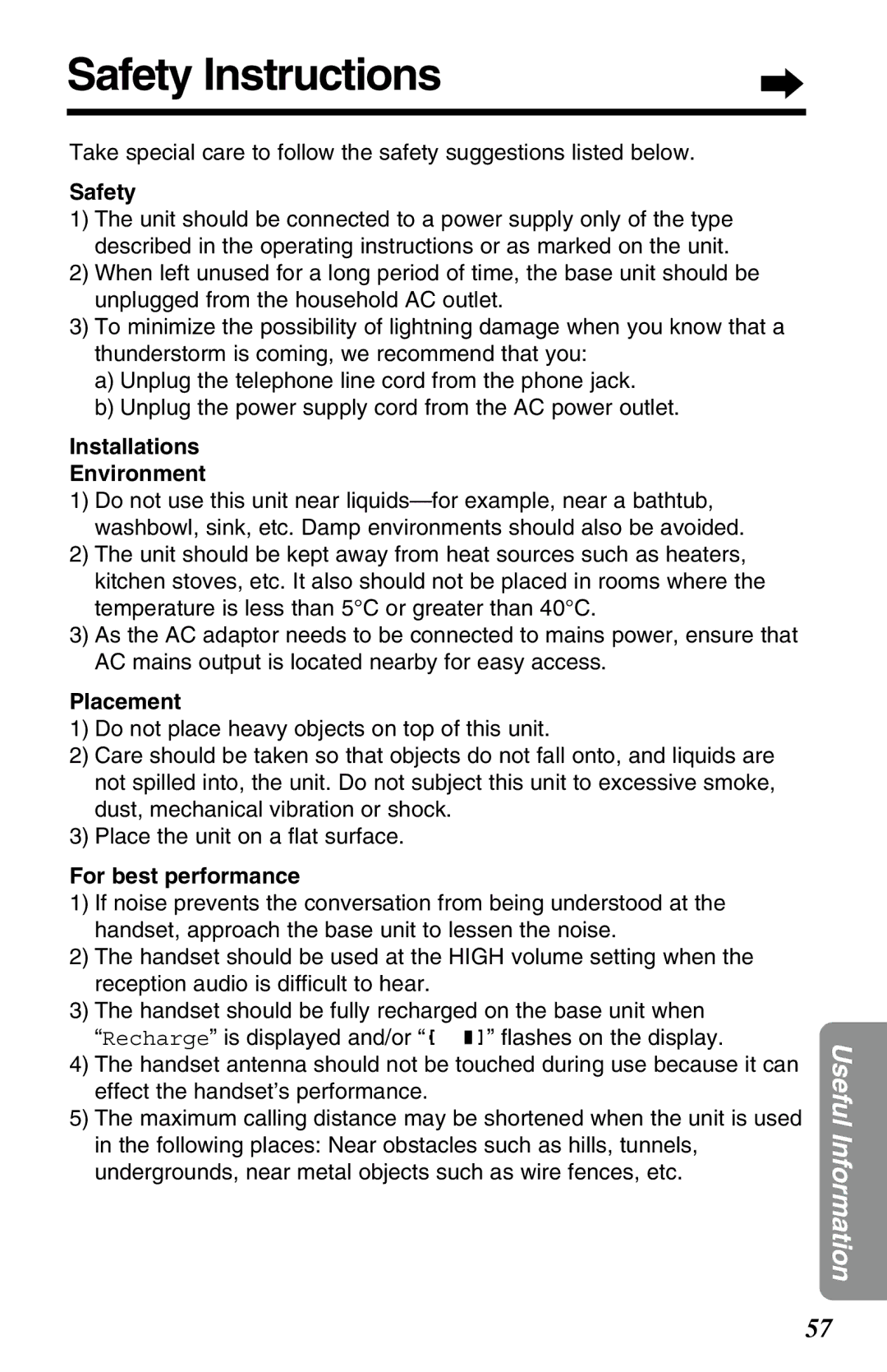 Panasonic KX-TC1220ALW Safety Instructions, Installations Environment, Placement, For best performance 