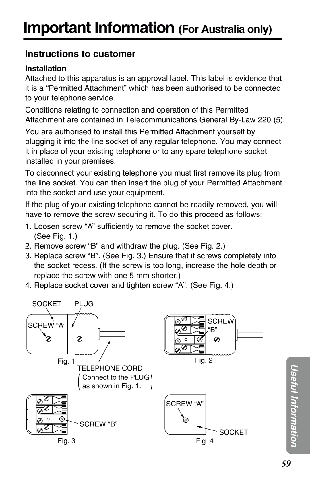 Panasonic KX-TC1220ALW Important Information For Australia only, Instructions to customer, Installation 