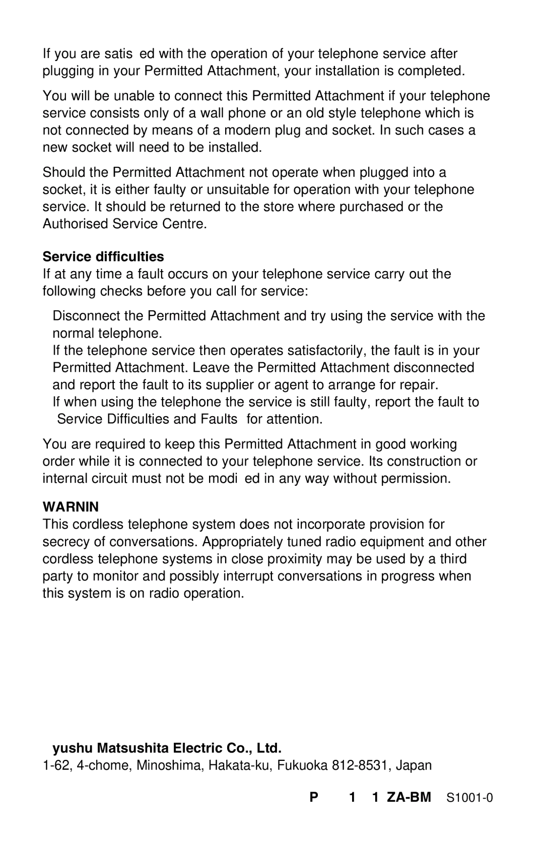 Panasonic KX-TC1220ALW operating instructions Service difficulties, PQQX13215ZA-BM S1001-0 