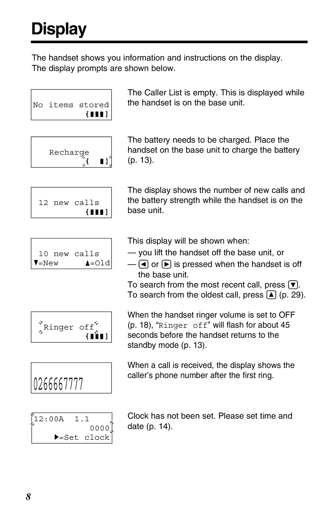 Panasonic KX-TC1220ALW operating instructions Display, 0266667777 