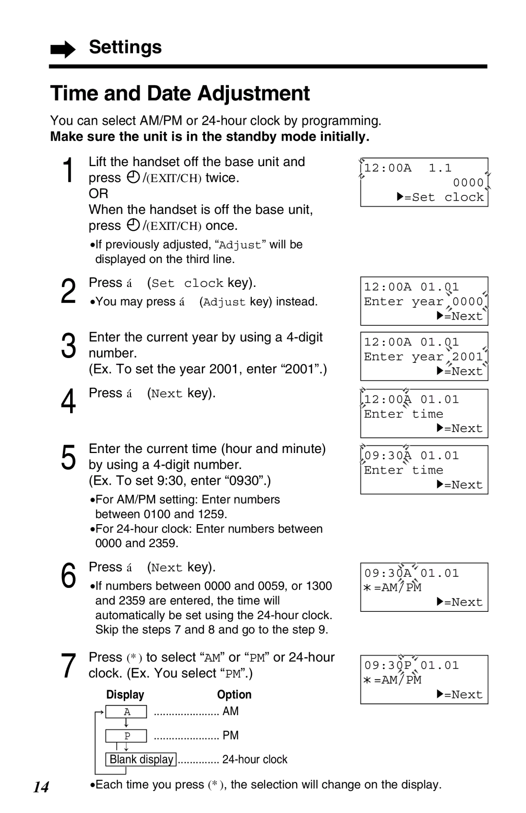 Panasonic KX-TC1220NZW Time and Date Adjustment, You can select AM/PM or 24-hour clock by programming 