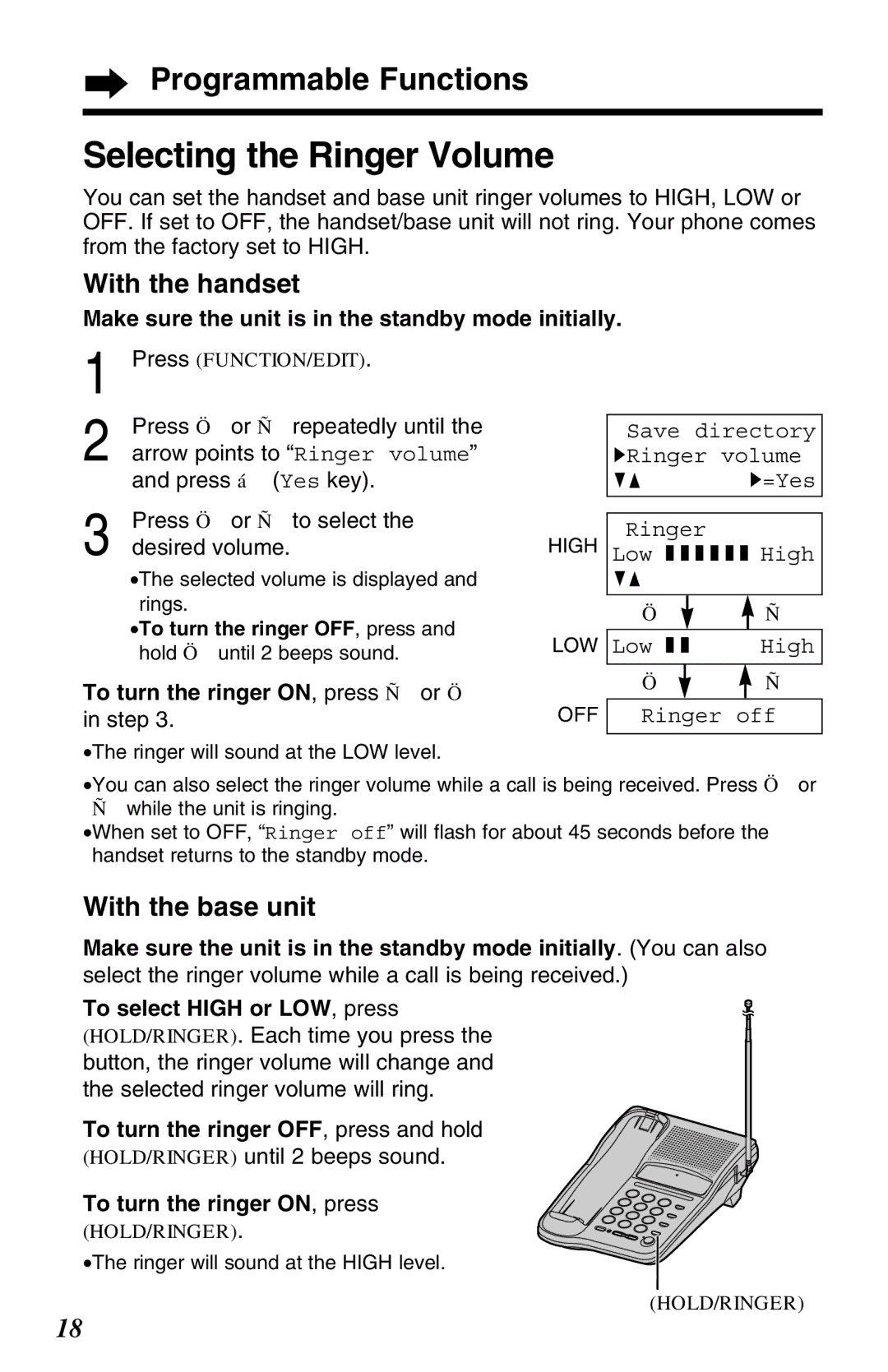 Panasonic KX-TC1220NZW Selecting the Ringer Volume, Programmable Functions, With the handset, With the base unit 