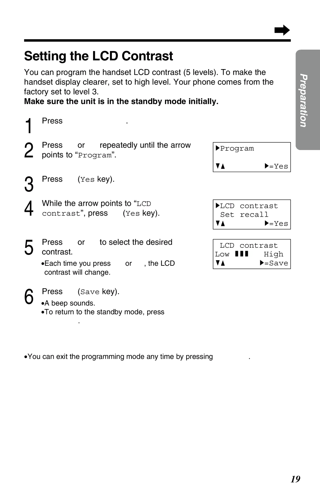 Panasonic KX-TC1220NZW Setting the LCD Contrast, While the arrow points to LCD, Contrast, press á Yes key 