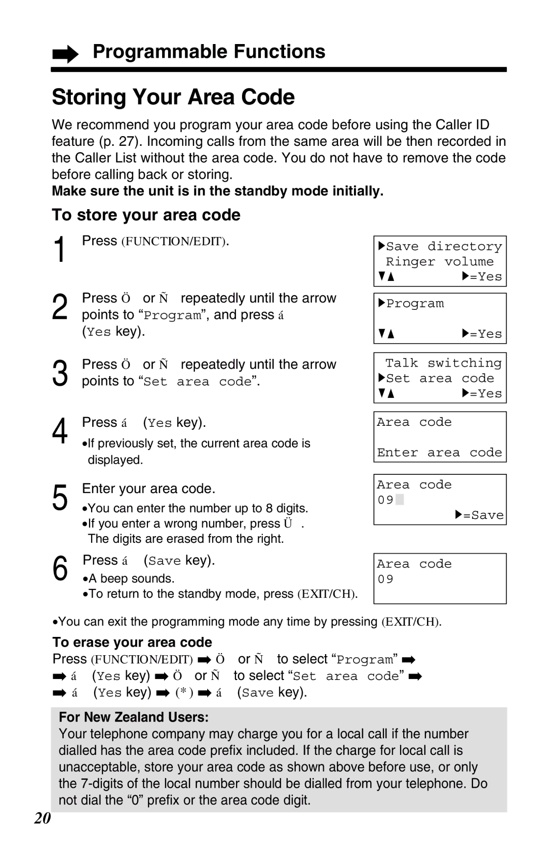 Panasonic KX-TC1220NZW Storing Your Area Code, To store your area code, To erase your area code, For New Zealand Users 