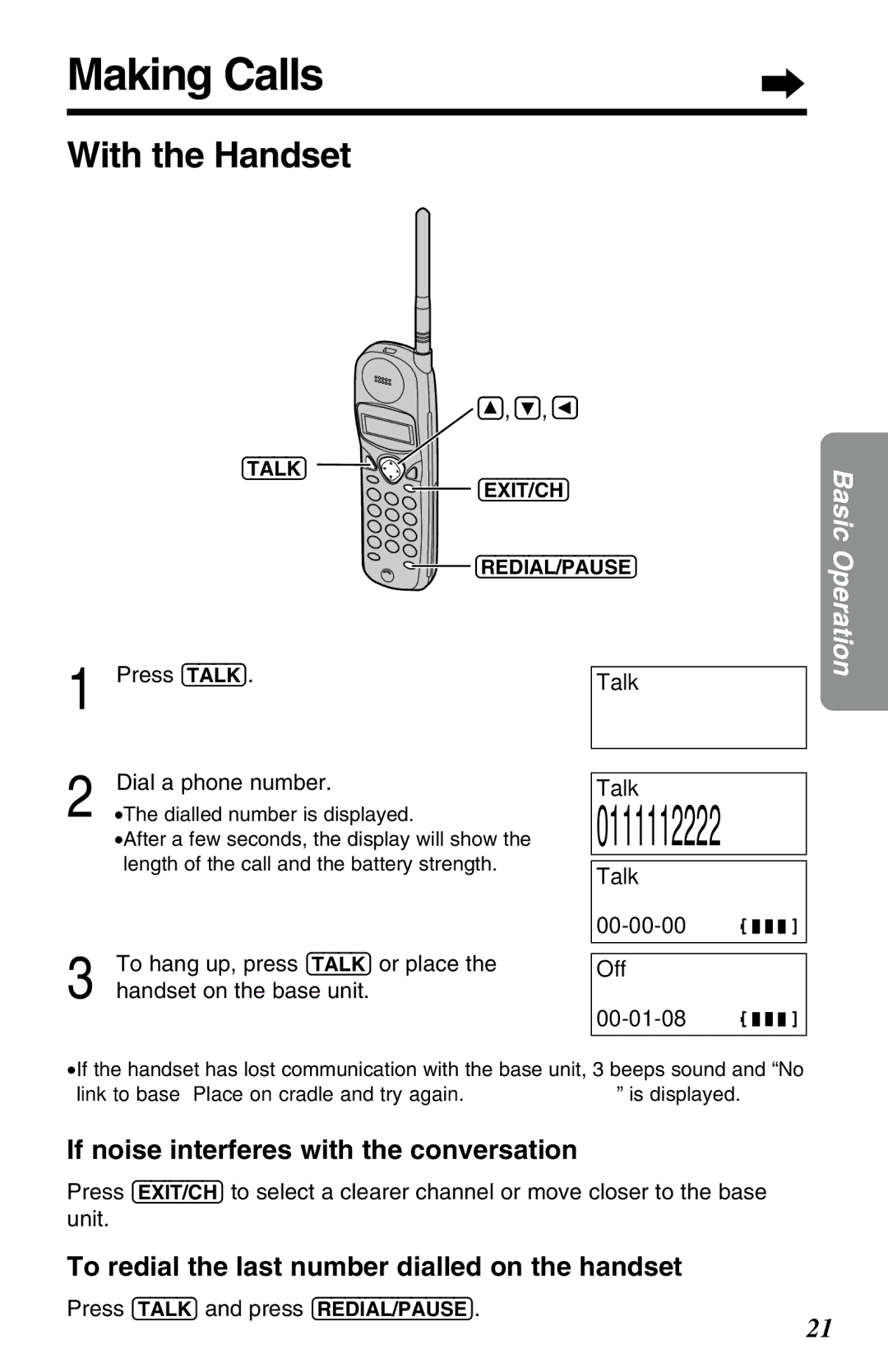 Panasonic KX-TC1220NZW operating instructions Making Calls, With the Handset, If noise interferes with the conversation 