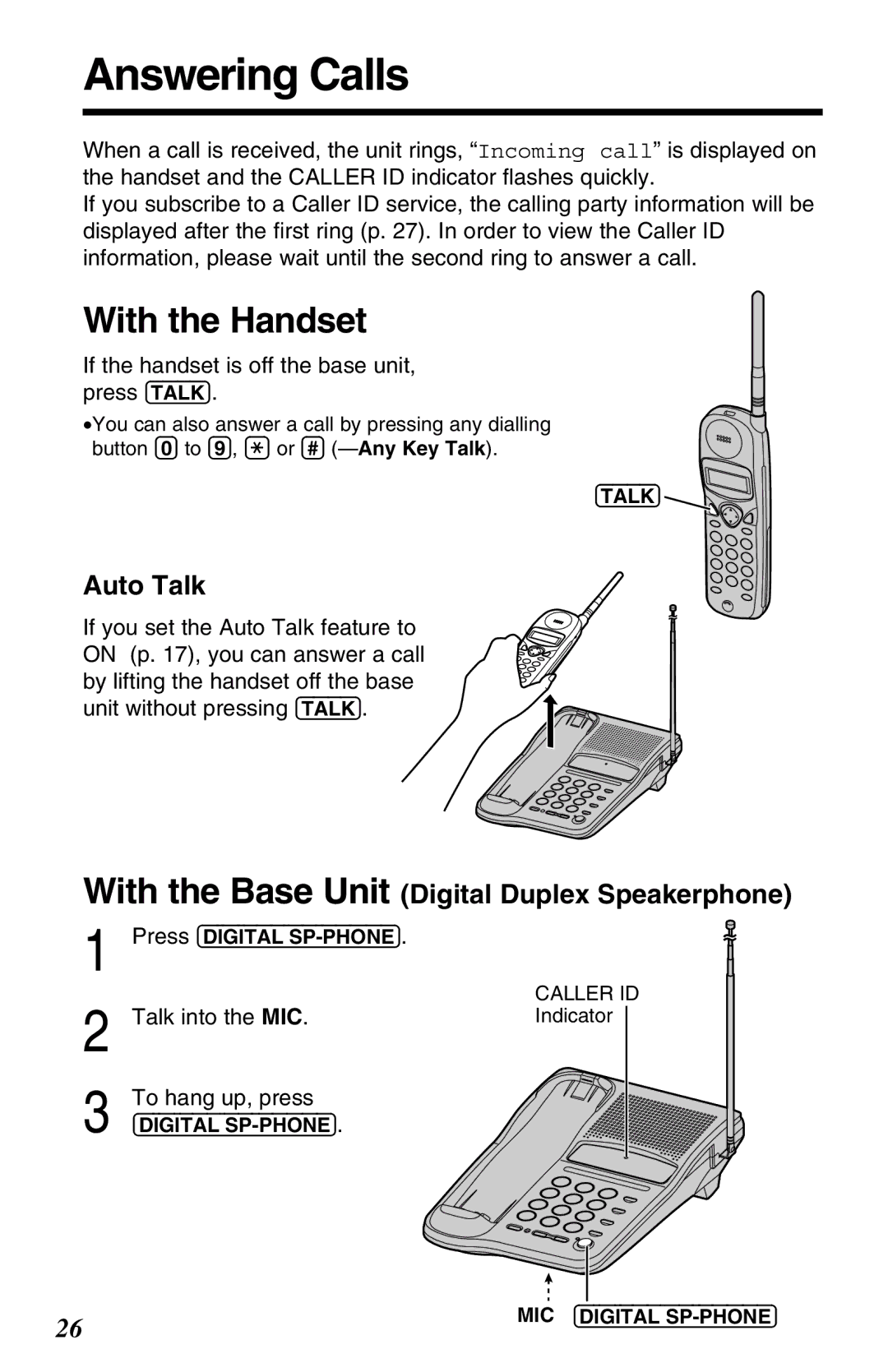 Panasonic KX-TC1220NZW Answering Calls, Auto Talk, If the handset is off the base unit, press Talk, Talk into the MIC 