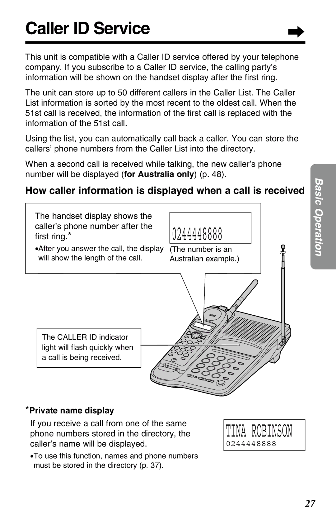 Panasonic KX-TC1220NZW Caller ID Service, How caller information is displayed when a call is received, ﬁrst ring 