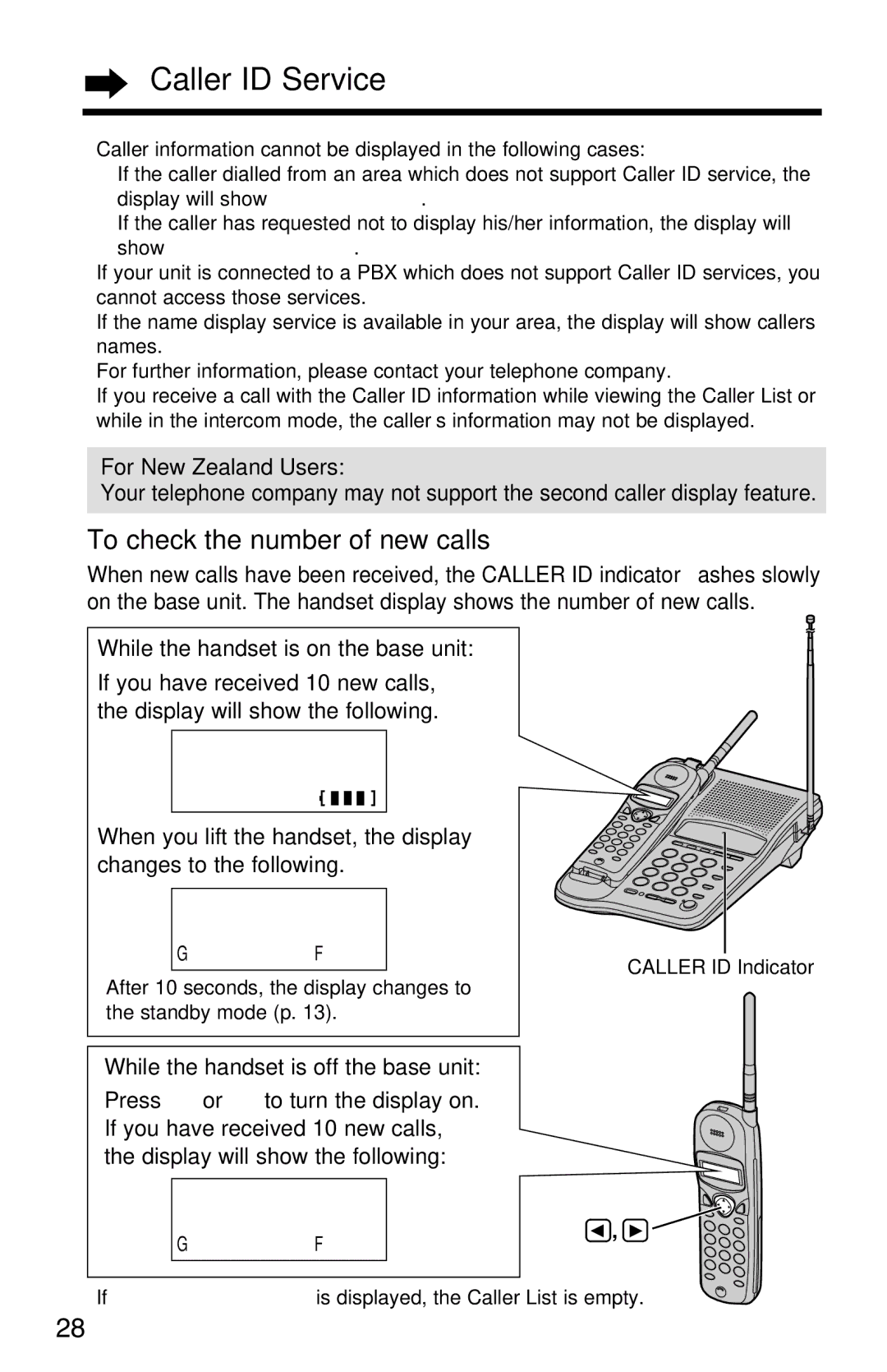 Panasonic KX-TC1220NZW Caller ID Service, To check the number of new calls, While the handset is on the base unit 