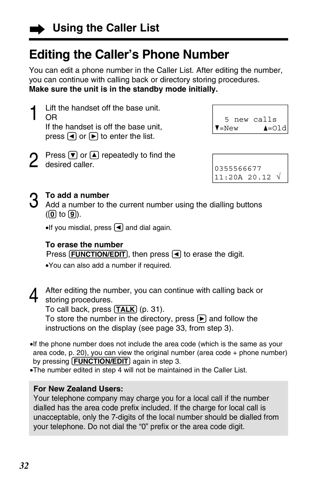 Panasonic KX-TC1220NZW operating instructions Editing the Caller’s Phone Number, To add a number, To erase the number 