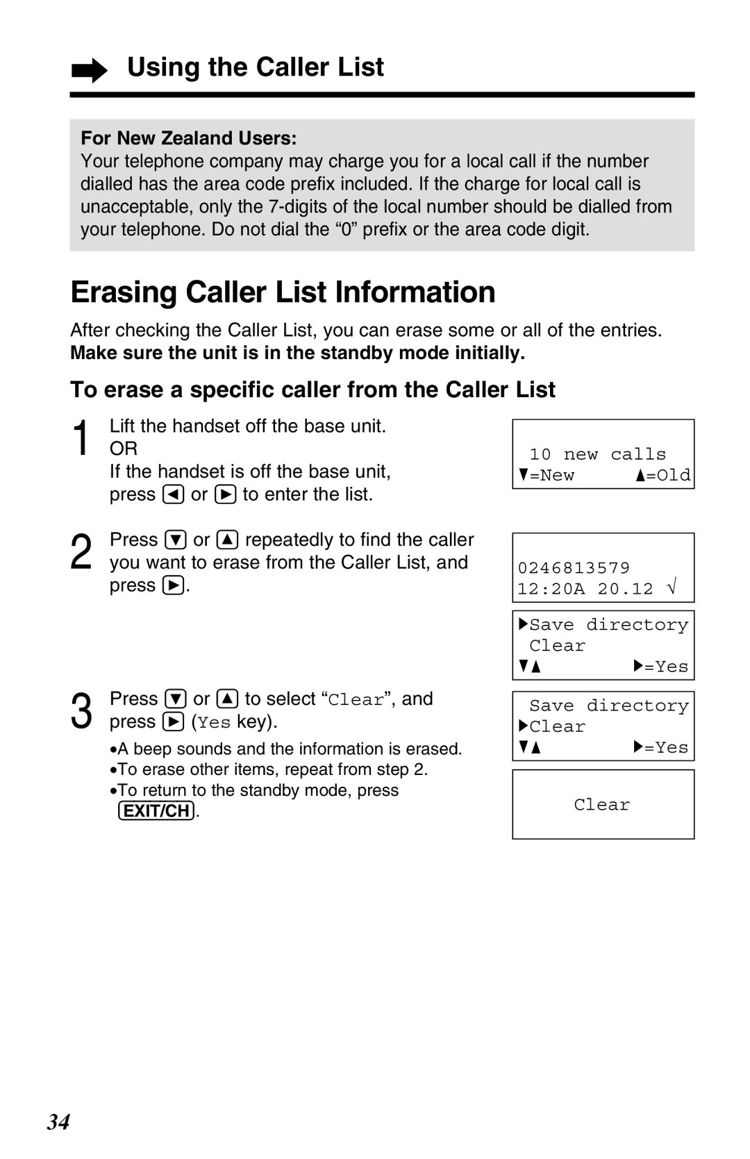 Panasonic KX-TC1220NZW Erasing Caller List Information, To erase a speciﬁc caller from the Caller List 