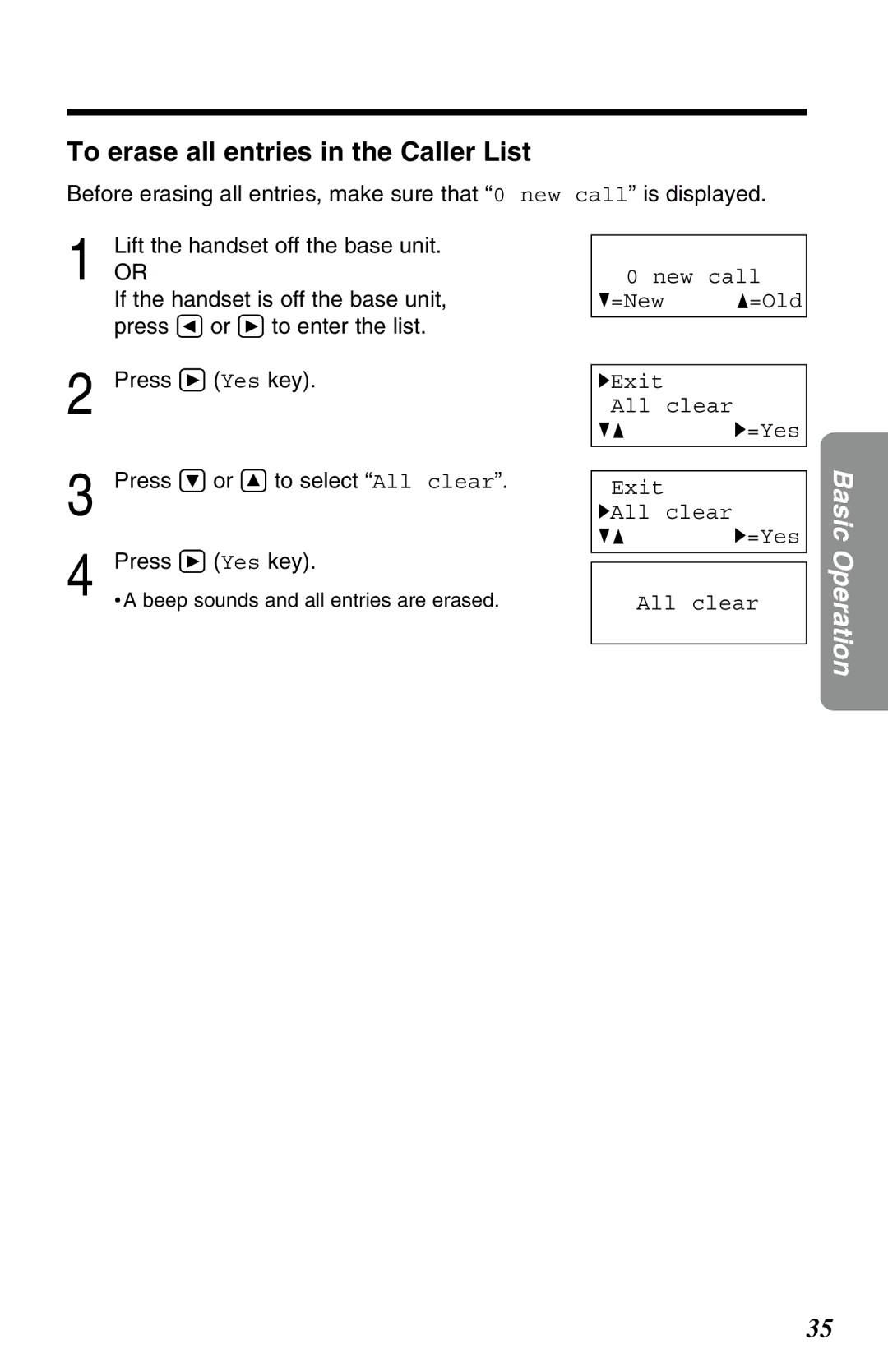 Panasonic KX-TC1220NZW operating instructions To erase all entries in the Caller List 