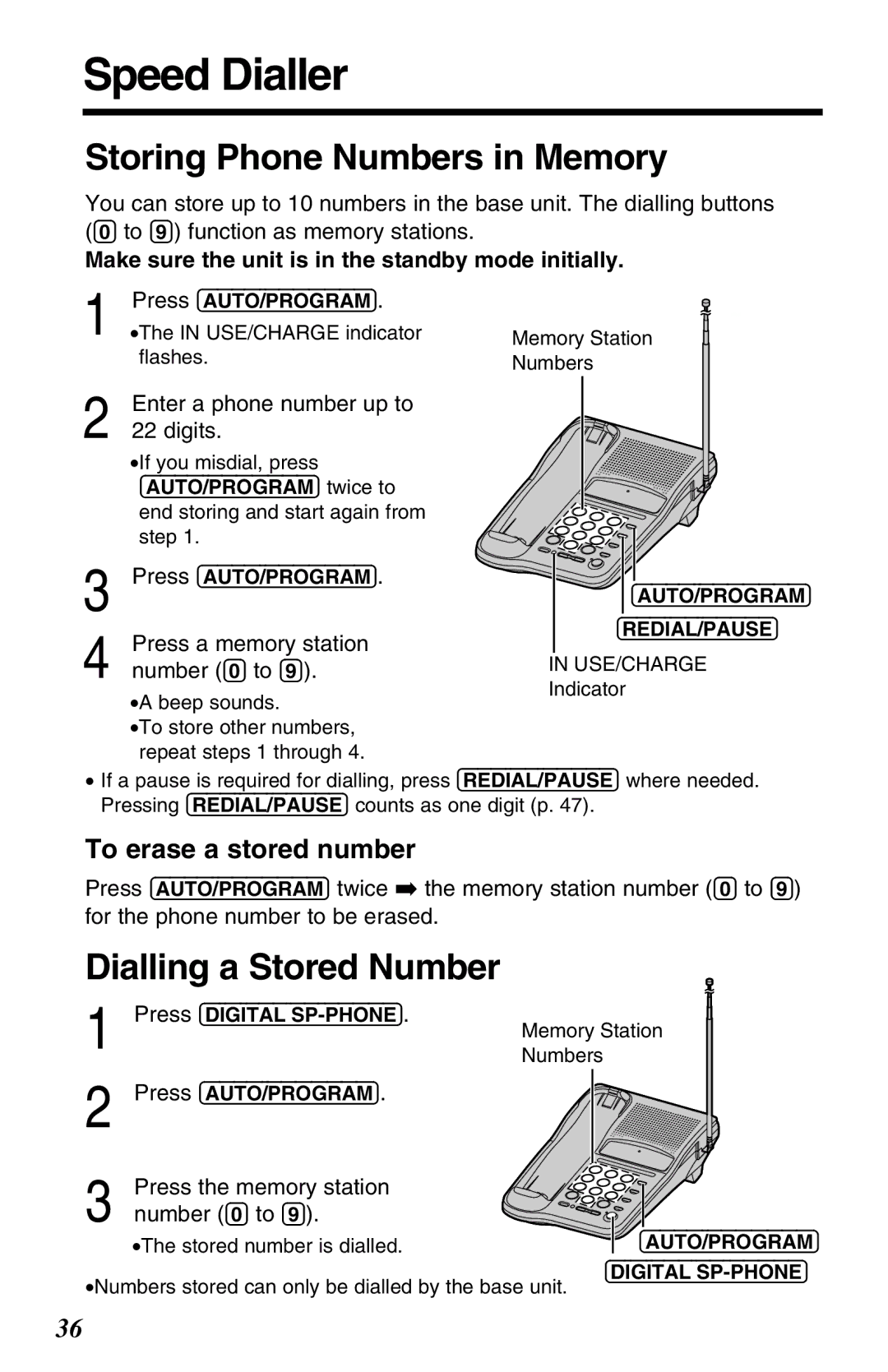 Panasonic KX-TC1220NZW Speed Dialler, Storing Phone Numbers in Memory, Dialling a Stored Number, To erase a stored number 