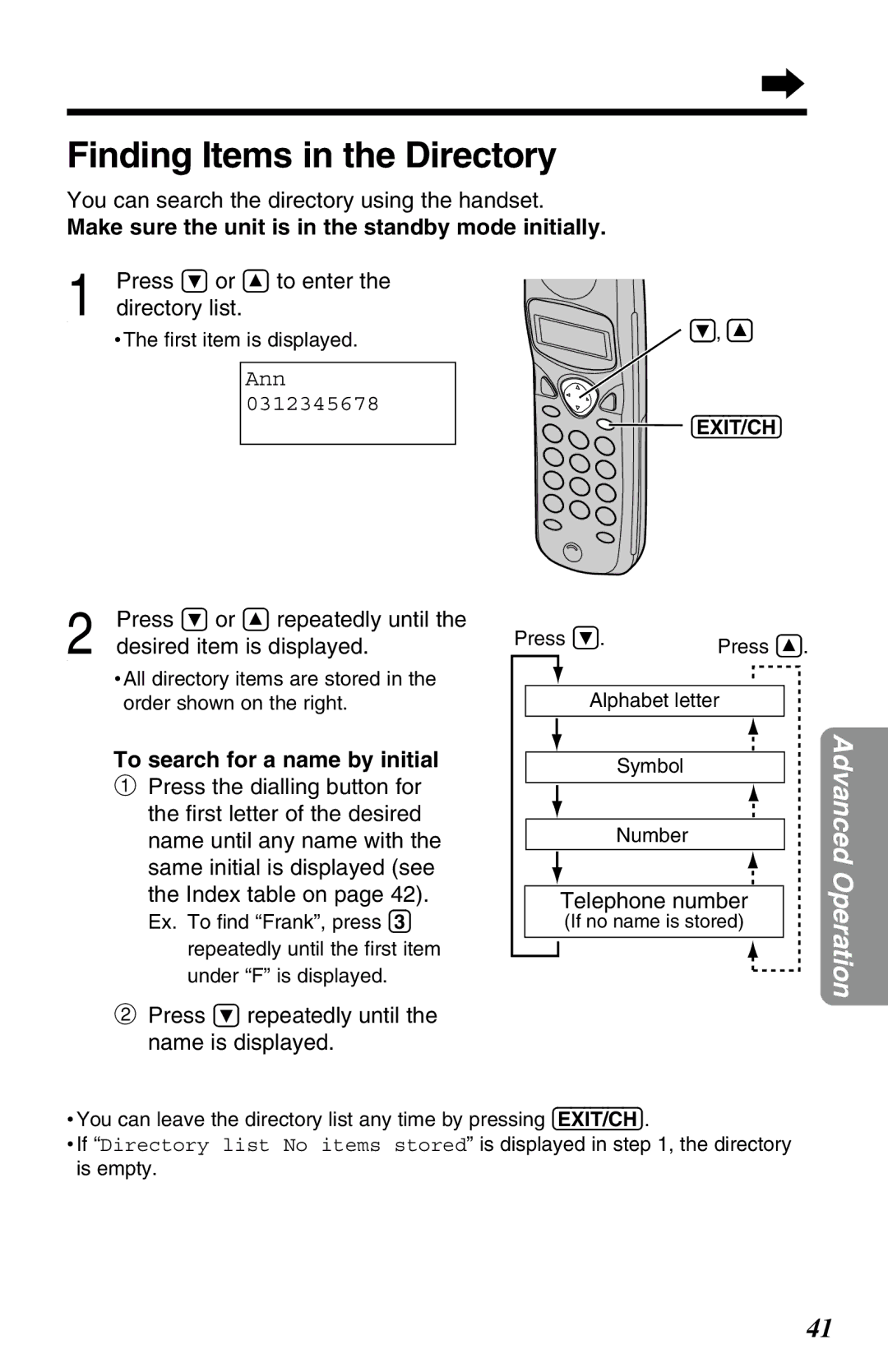 Panasonic KX-TC1220NZW operating instructions Finding Items in the Directory, To search for a name by initial 