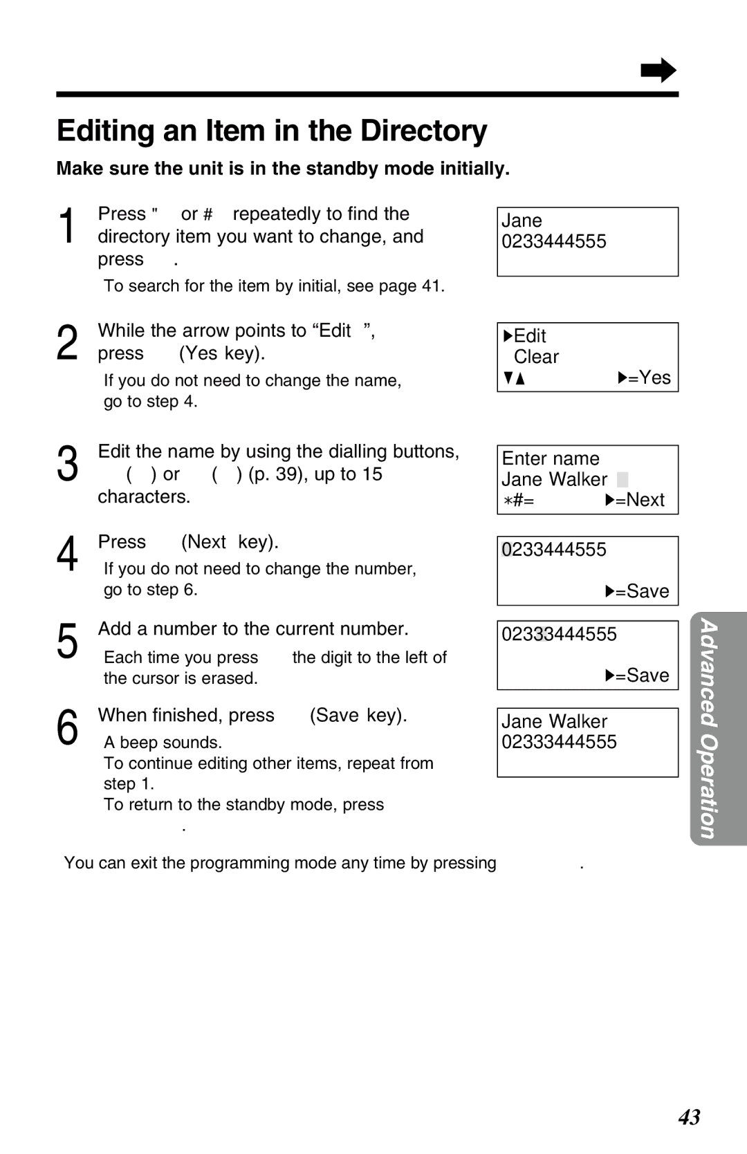 Panasonic KX-TC1220NZW operating instructions Editing an Item in the Directory 