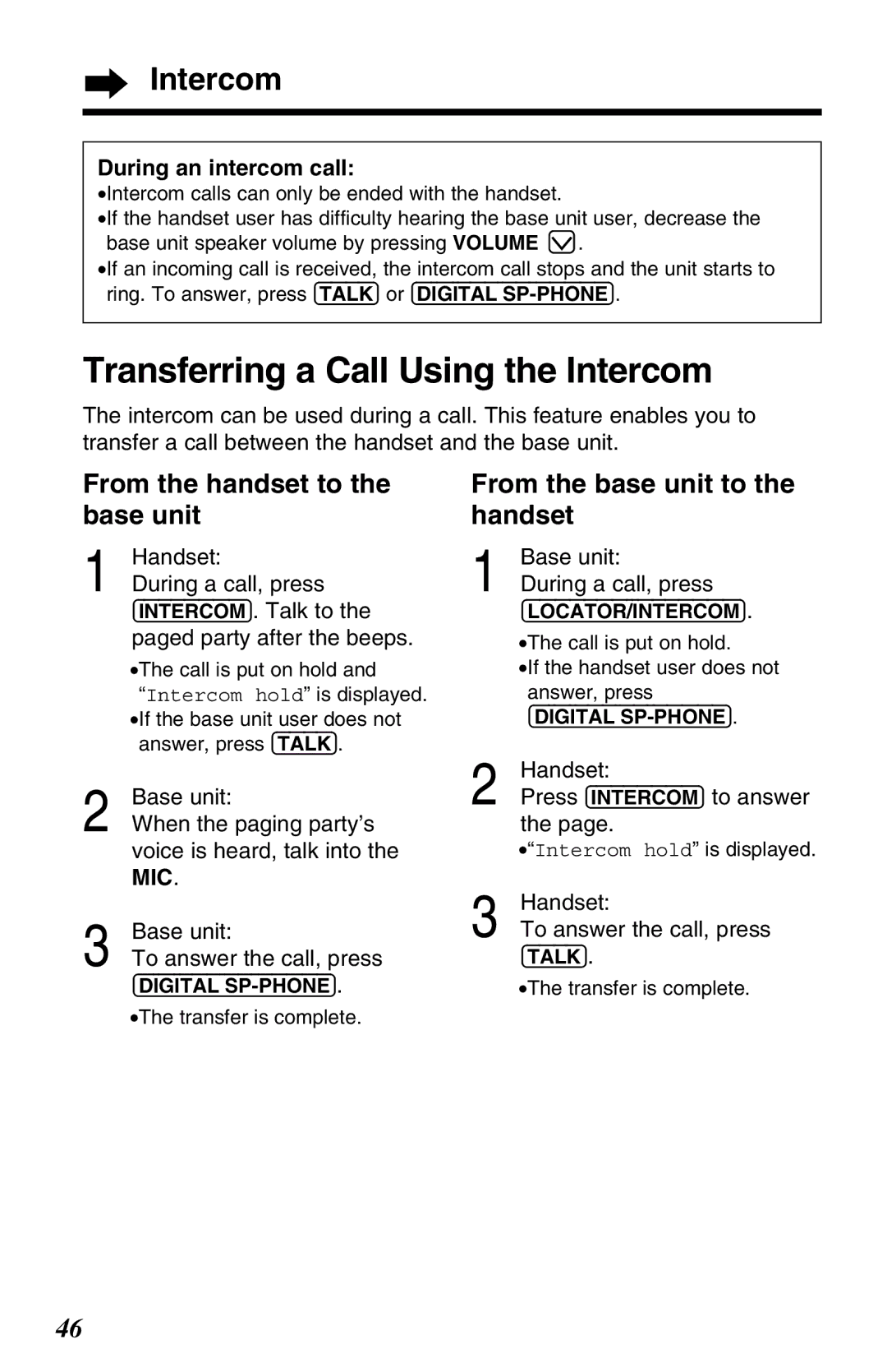 Panasonic KX-TC1220NZW Transferring a Call Using the Intercom, From the handset to the base unit, During an intercom call 