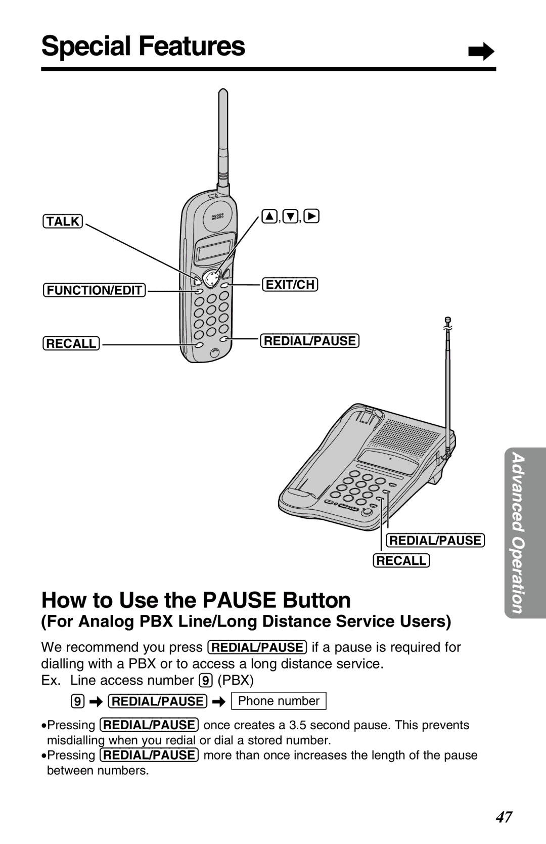 Panasonic KX-TC1220NZW Special Features, How to Use the Pause Button, For Analog PBX Line/Long Distance Service Users 