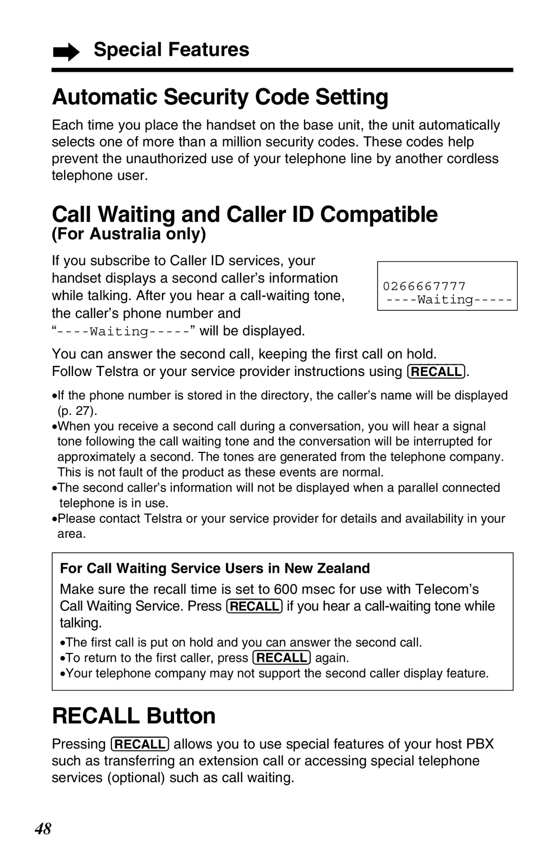 Panasonic KX-TC1220NZW Automatic Security Code Setting, Call Waiting and Caller ID Compatible, Recall Button 